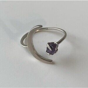 Sterling Silver Ring Crescent Moon 🌙 W/Raw Amethyst fits sizes 8-11 Celestial
